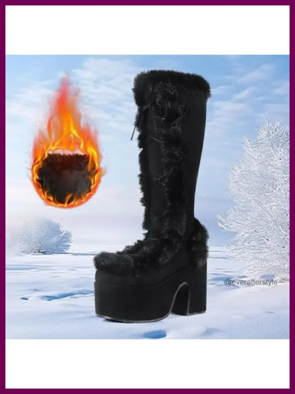 Furry Knee High Platform Chunky Heel Boots Women Warm Winter Snow Goth